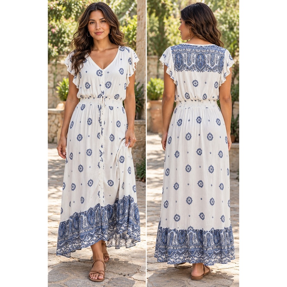 Kindred Petite PXL High Low Dress Blue White Paisley Boho Flutter Sleeve Lined